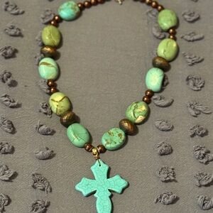 Turquoise and Brown Beaded Necklace with Cross Pendant